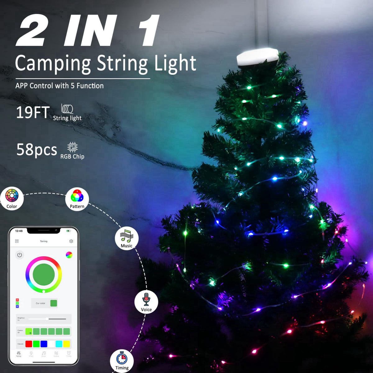 DIBMS LED Camping String Light, Rechargeable Waterproof Tent Hanging Light – close-up detail in Multicolor
