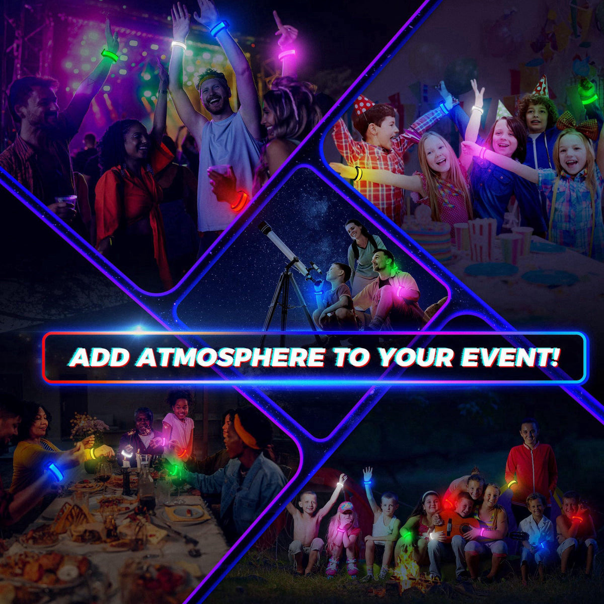 FANL 8/12/24 Pack LED Glow Bracelets, 8 Colors, Light Up Party Favors – back view and specifications