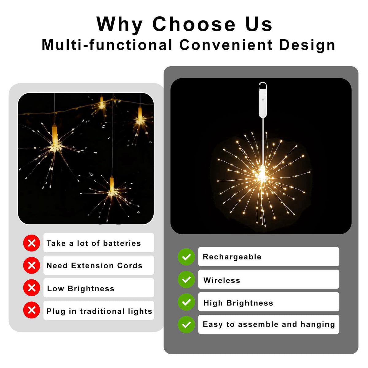 ACALEPH 120LED Firework Lights Rechargeable,Hanging Likes Star Fairy String Light 8 Modes,Waterproof Warm Light with Rem