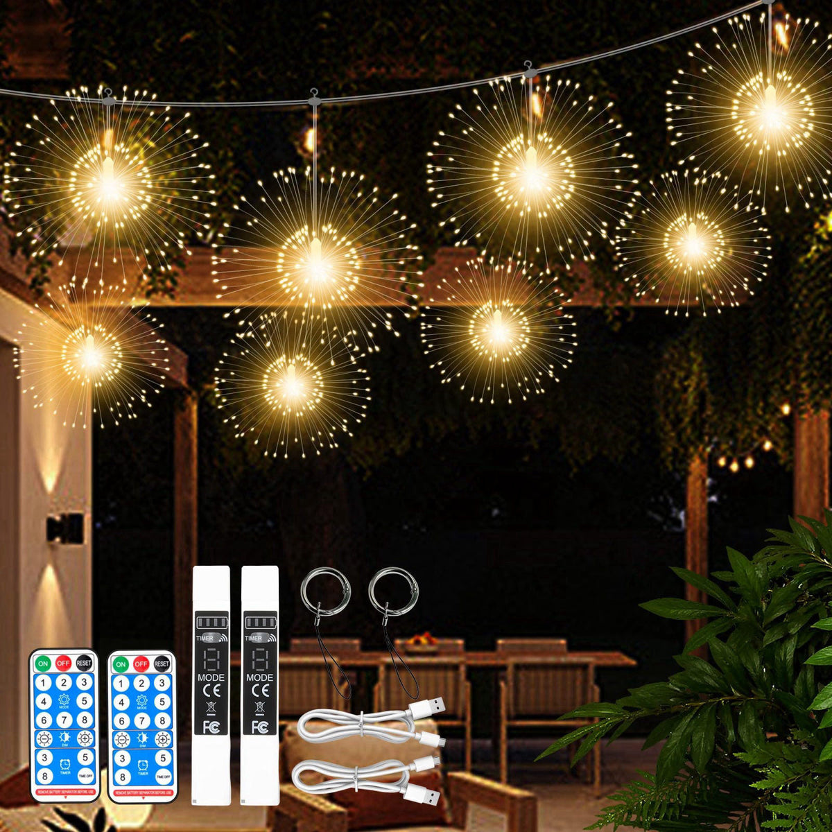 WIND STAR Firework Lights Hanging, 480 LED Rechargeable Starburst Fairy String Lights for Patio Backyard Bedroom Party W