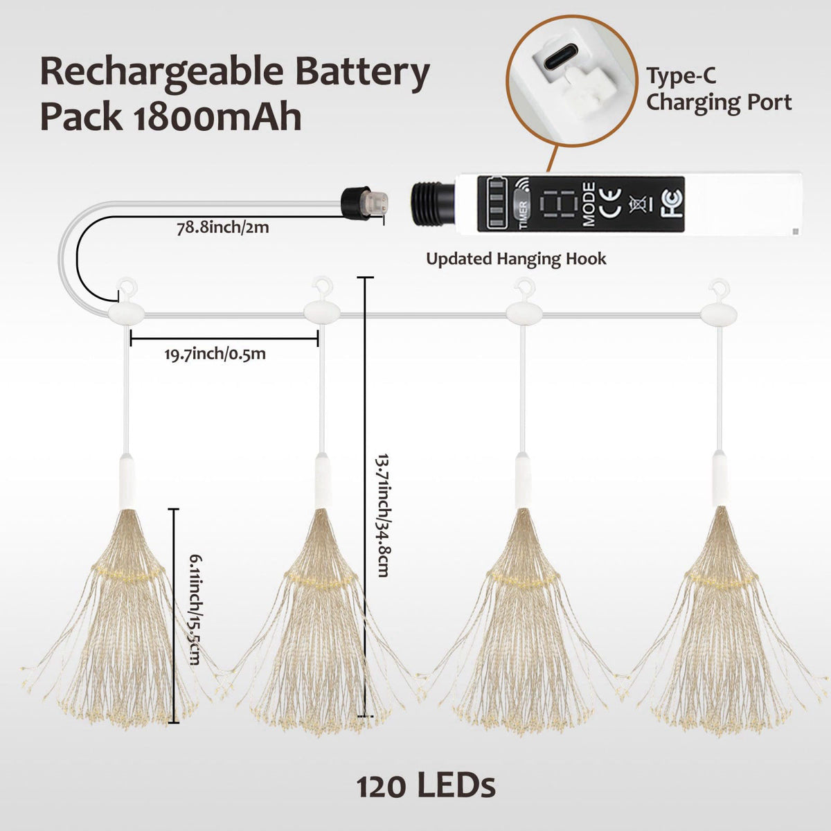 WIND STAR Firework Lights Hanging, 480 LED Rechargeable Starburst Fairy String Lights for Patio Backyard Bedroom Party W