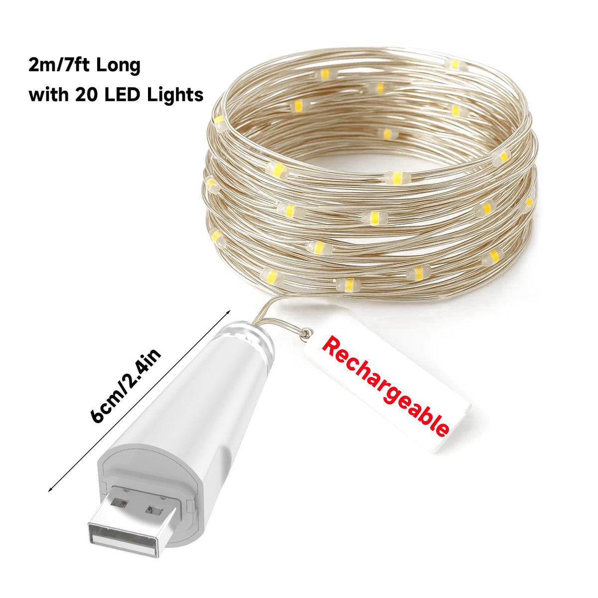 OUSMIN Rechargeable Fairy Lights - 7ft 20 LED String Lights, USB Rechargeable Battery Operated Twinkle Light for Mason J