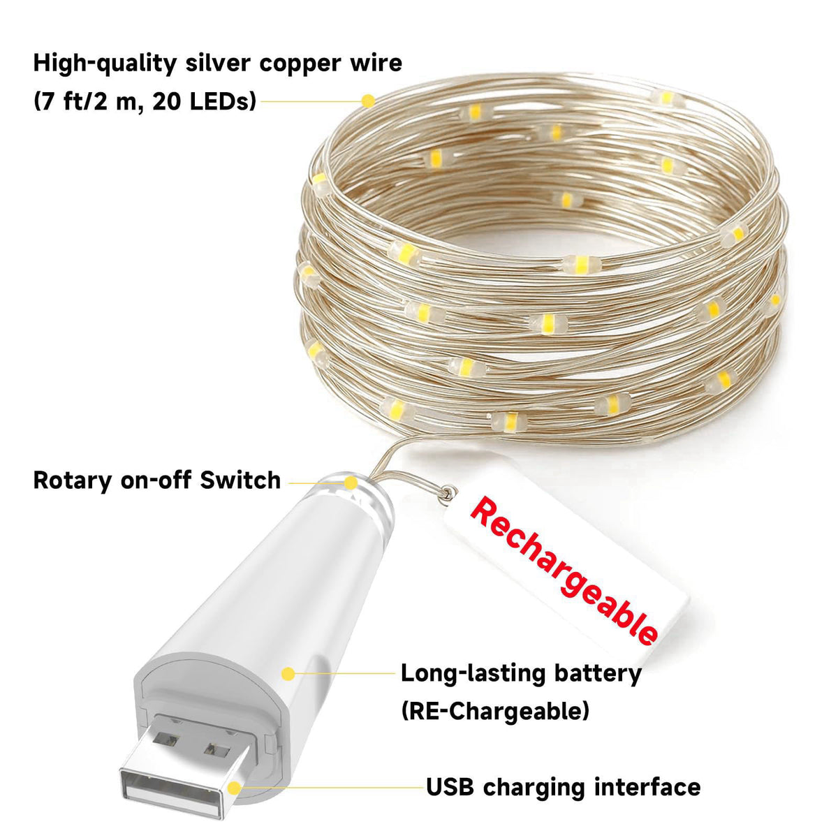 OUSMIN Rechargeable Fairy Lights - 7ft 20 LED String Lights, USB Rechargeable Battery Operated Twinkle Light for Mason J
