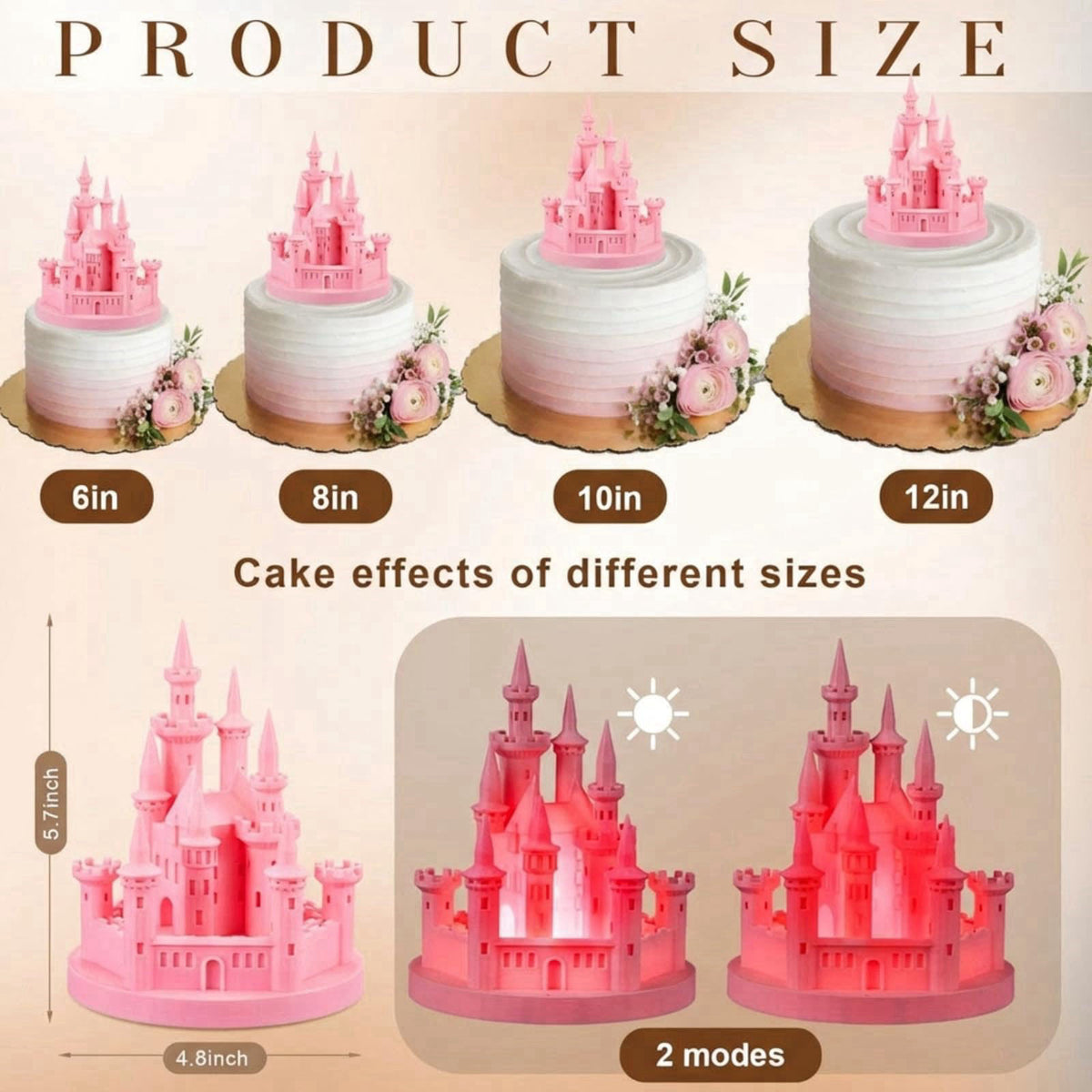 Baquler 4.8" 3D Princess Castle Cake Topper with Nightlight, Pink – close-up detail