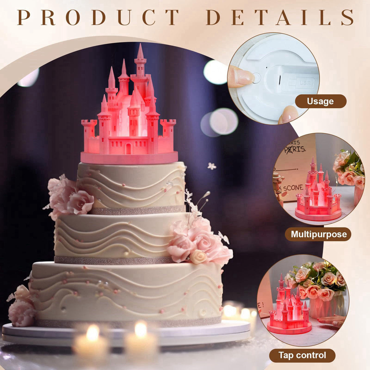 Baquler 4.8" 3D Princess Castle Cake Topper with Nightlight, Pink – packaging and label