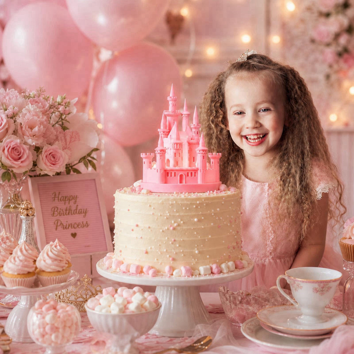 Baquler 4.8" 3D Princess Castle Cake Topper with Nightlight, Pink – back view and specifications