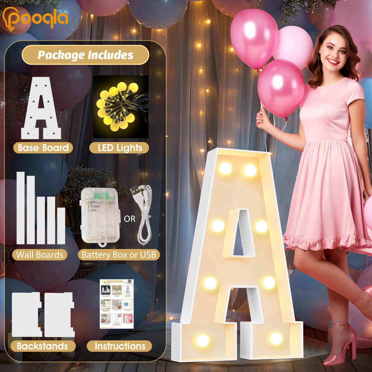 Pooqla 3FT Marquee Light Up Letters, LED Letters Big Mosaic Marquee Letters 3 Feet Tall, Giant Letter Sign for Balloons 