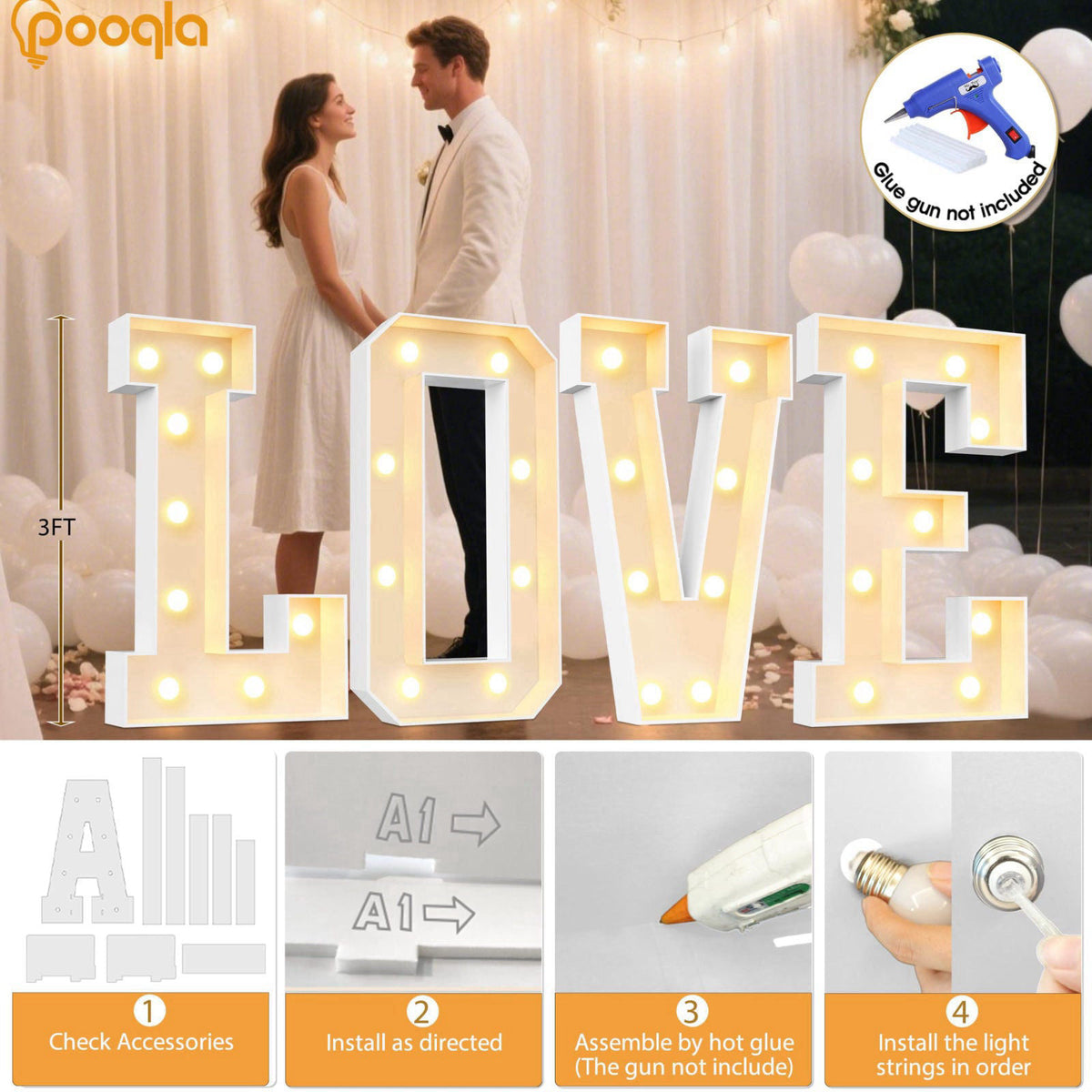 Pooqla 3FT Marquee Light Up Letters, LED Letters Big Mosaic Marquee Letters 3 Feet Tall, Giant Letter Sign for Balloons 