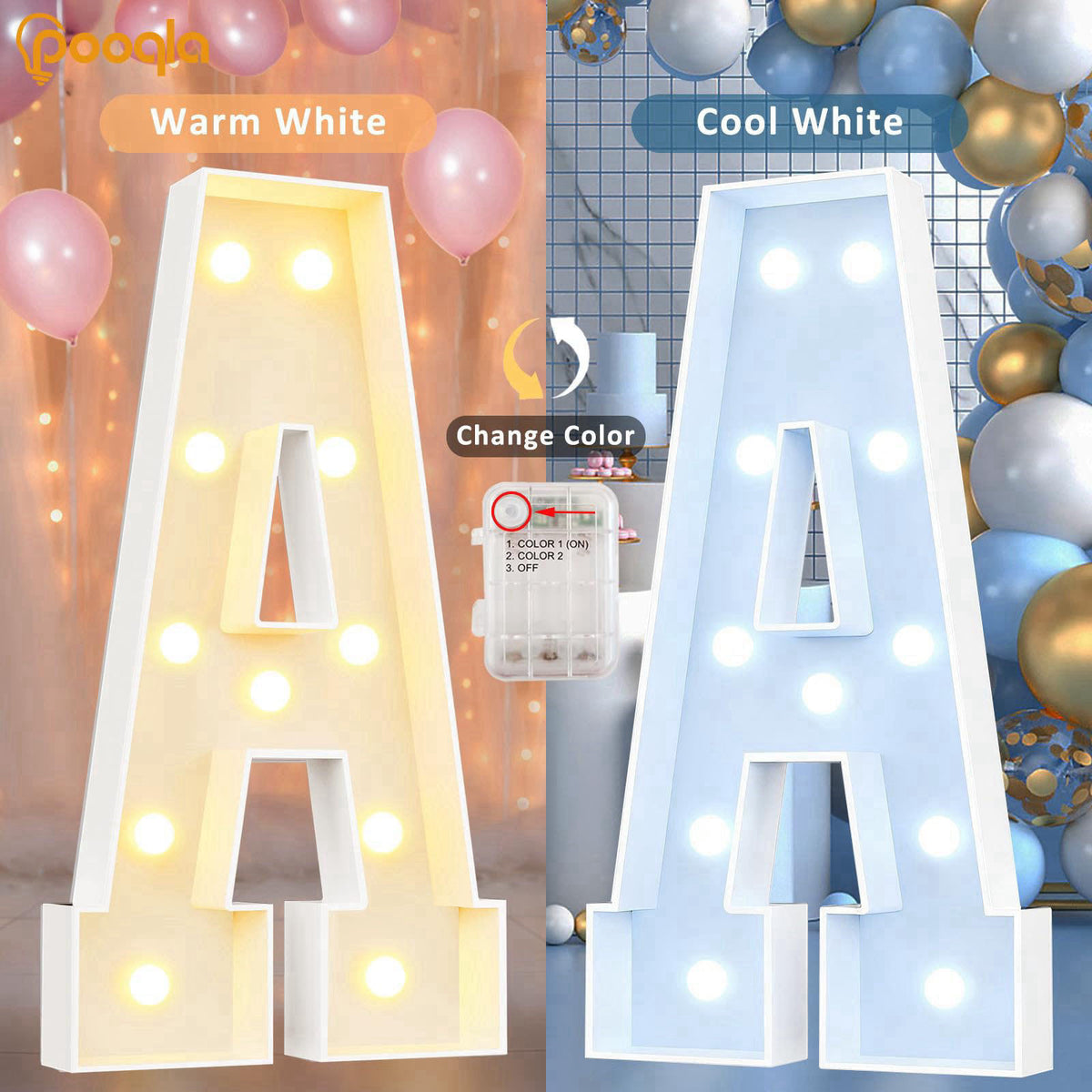 Pooqla 3 FT Marquee Letters, Light Up Letter X, Cool White and Warm White – packaging and label