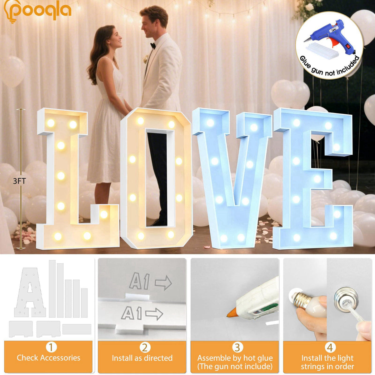 Pooqla 3 FT Marquee Letters, Light Up Letter X, Cool White and Warm White – full view