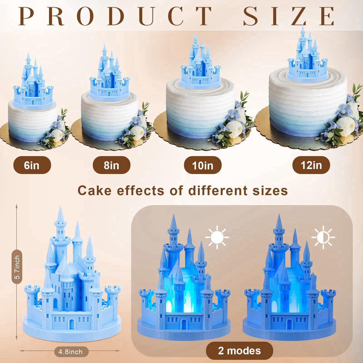 Baquler 4.8" 3D Princess Castle Cake Topper with Nightlight, Blue – close-up detail