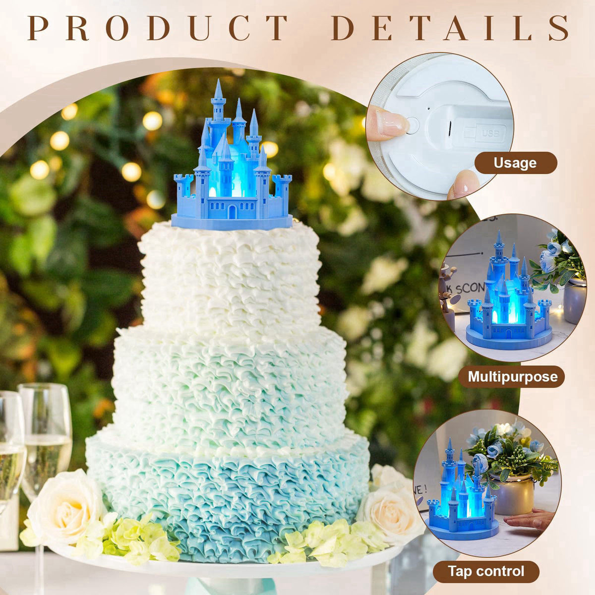 Baquler 4.8" 3D Princess Castle Cake Topper with Nightlight, Blue – packaging and label