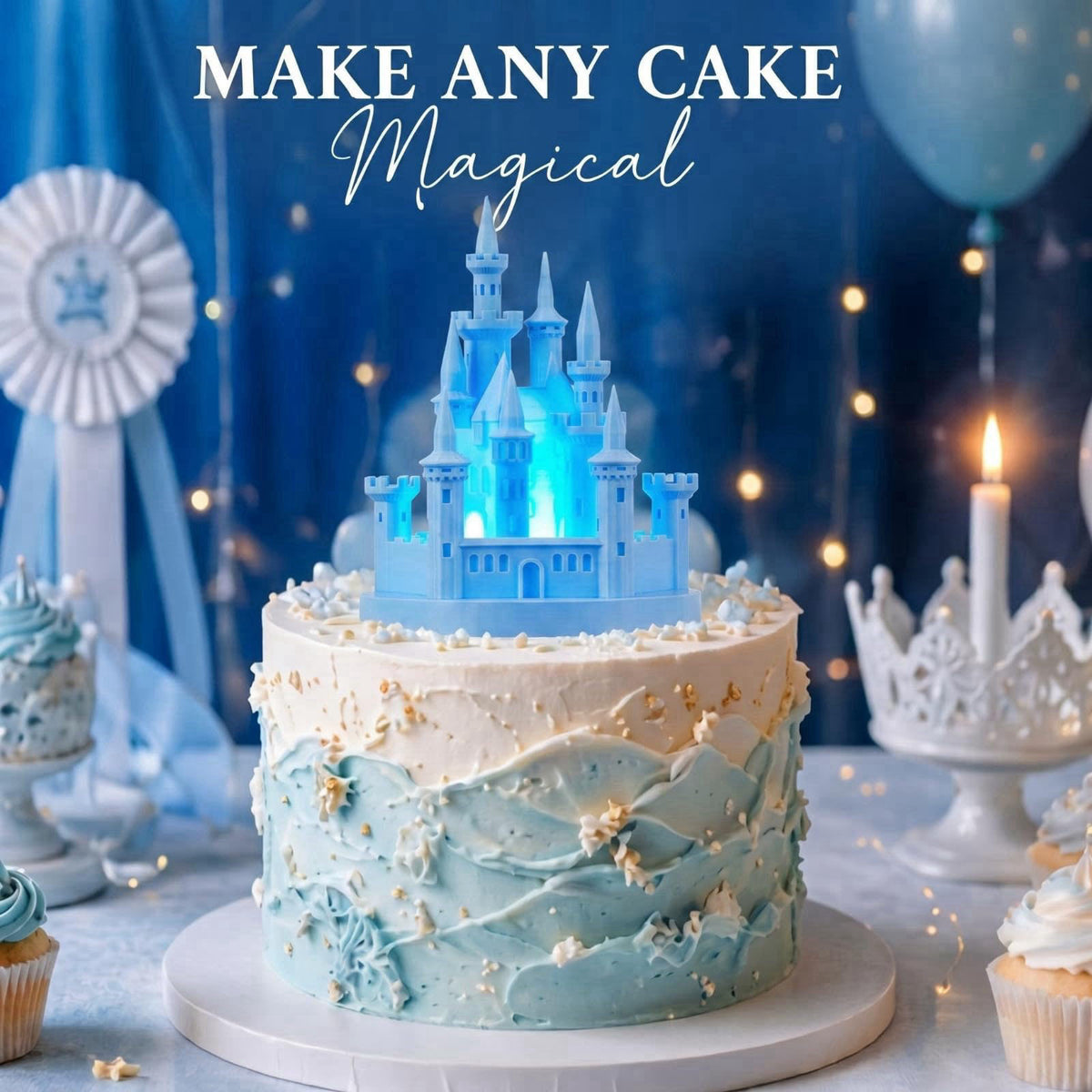 Baquler 4.8" 3D Princess Castle Cake Topper with Nightlight, Blue – full view
