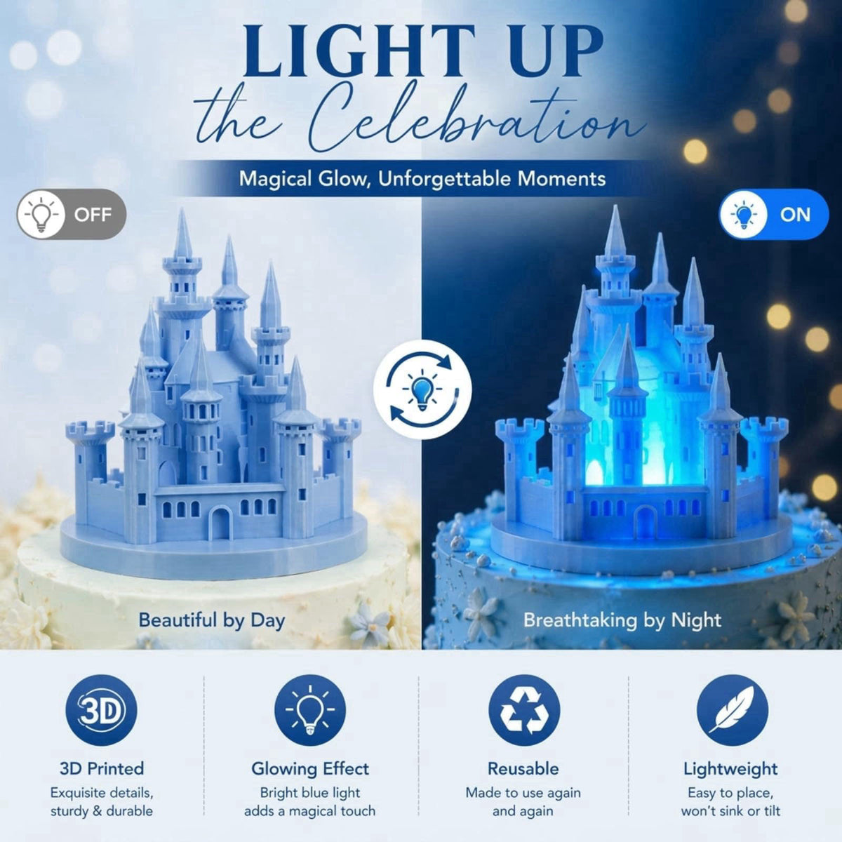 Baquler 4.8" 3D Princess Castle Cake Topper with Nightlight, Blue – back view and specifications