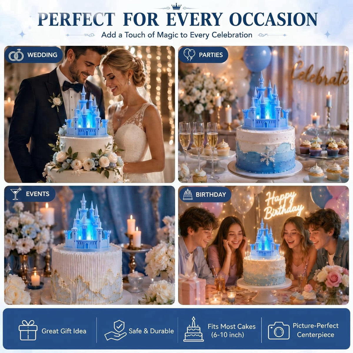 Baquler 4.8" 3D Princess Castle Cake Topper with Nightlight, Blue – alternate angle