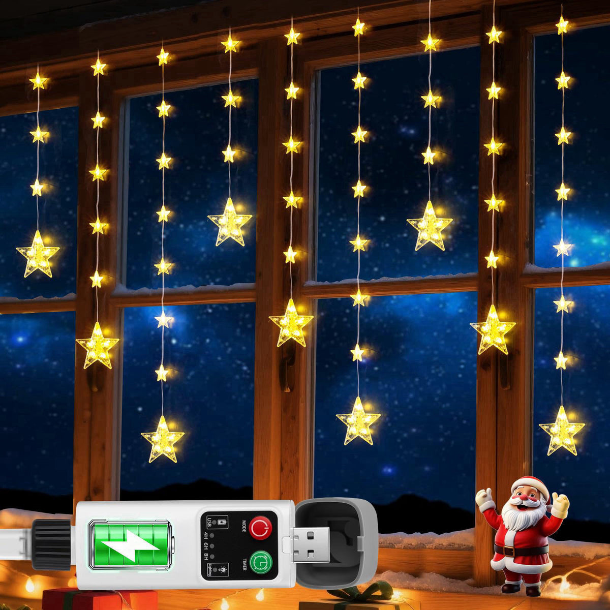 Prisay Rechargeable Stars Christmas Window Lights, IP44 Waterproof 90 LEDs 54 Stars Hanging Curtain Lights with 3 Timer 