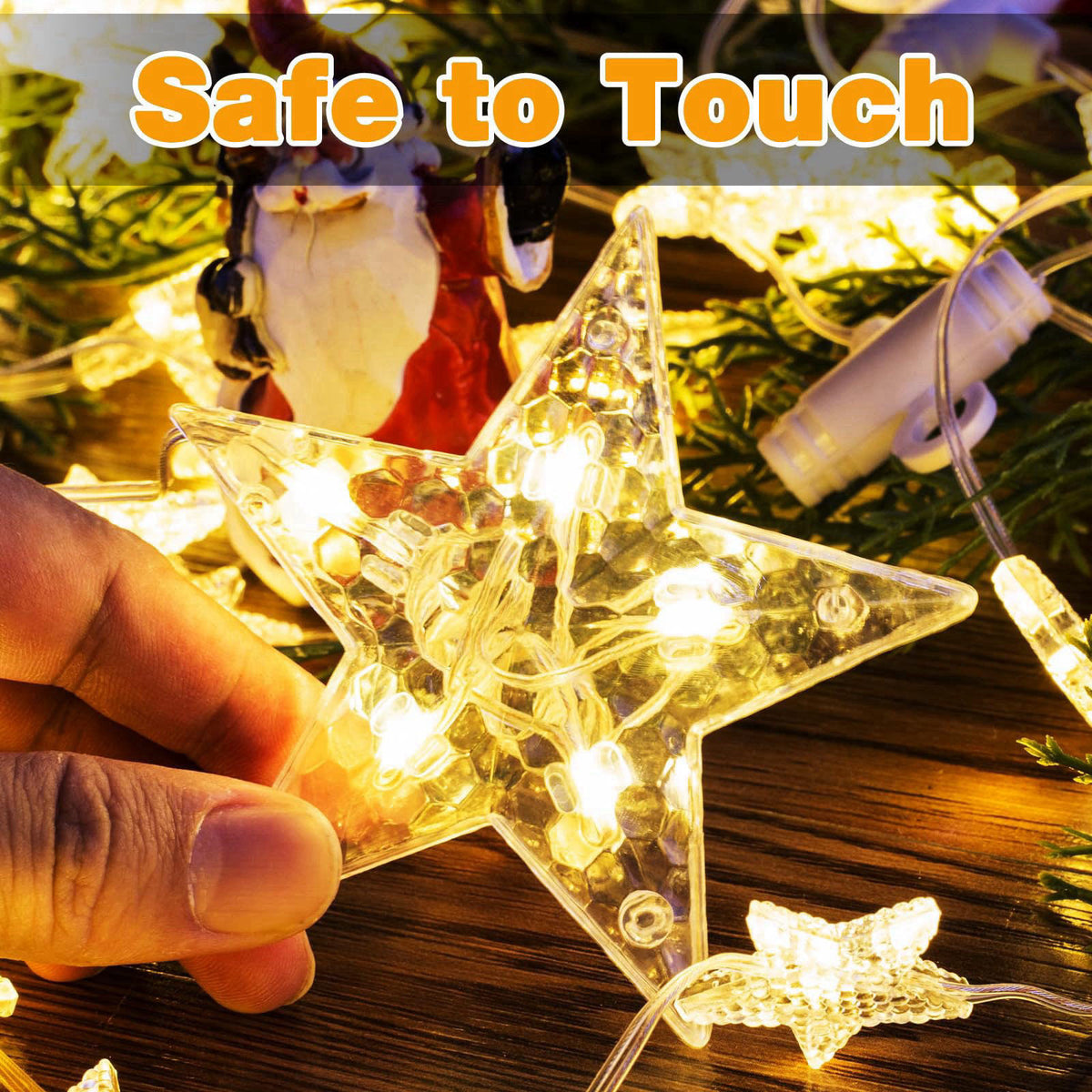 Prisay Rechargeable Stars Christmas Window Lights, IP44 Waterproof 90 LEDs 54 Stars Hanging Curtain Lights with 3 Timer 