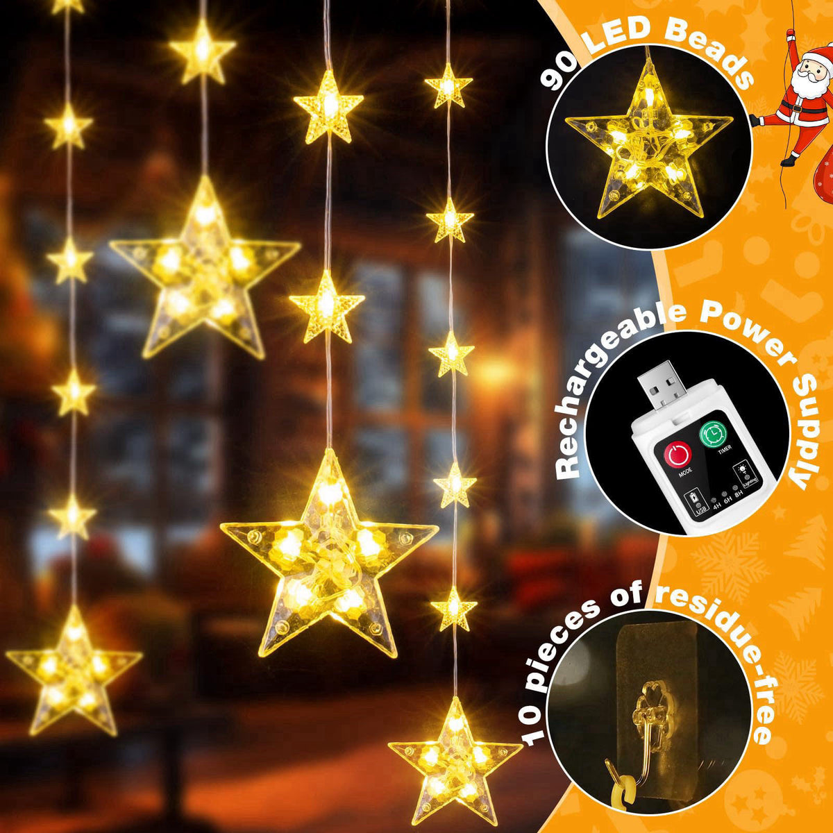 Prisay Rechargeable Stars Christmas Window Lights, IP44 Waterproof 90 LEDs 54 Stars Hanging Curtain Lights with 3 Timer 