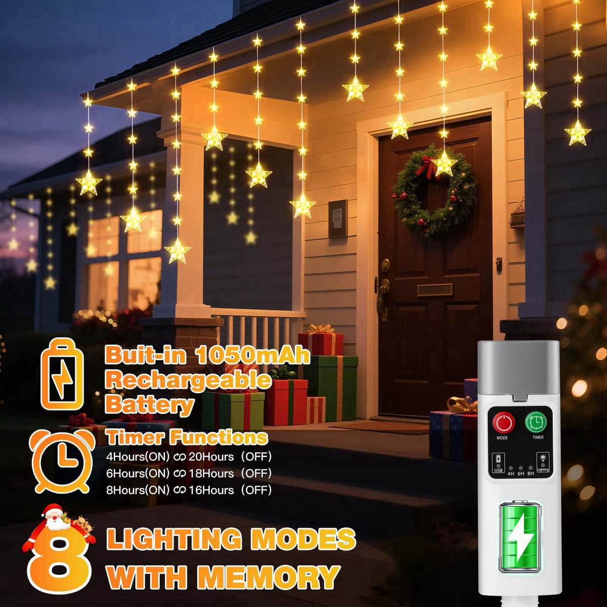 Prisay Rechargeable Stars Christmas Window Lights, IP44 Waterproof 90 LEDs 54 Stars Hanging Curtain Lights with 3 Timer 