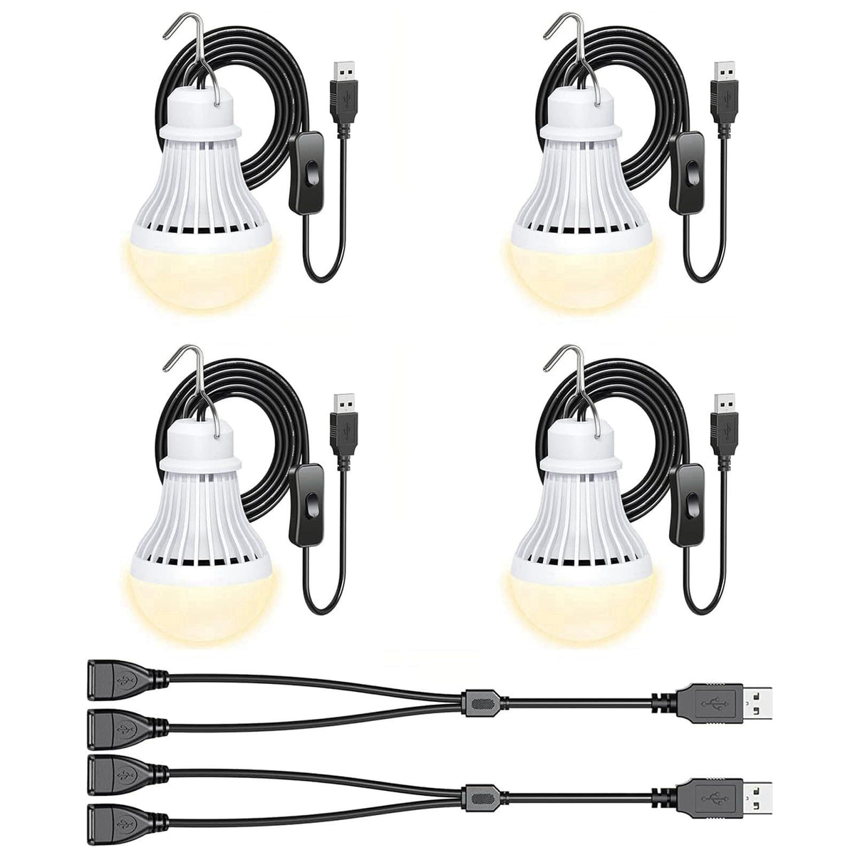 VASTPOWER 4 Pack USB Light Bulb, USB LED Camping Light Lantern, 8.2 ft Extra Length Cord Tent Light with USB Y-Cable, Po