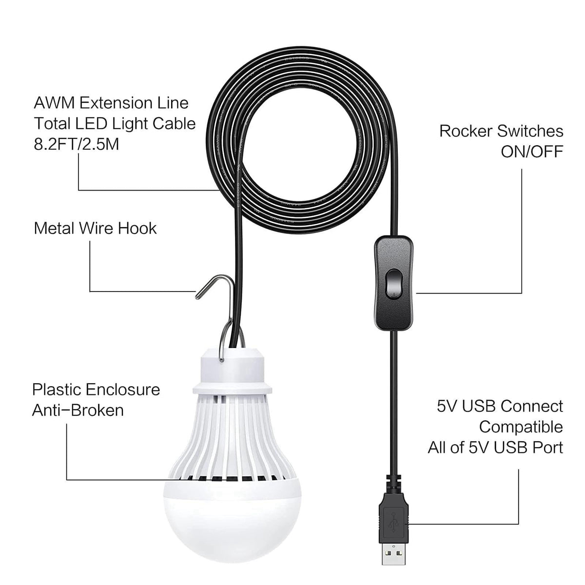 VASTPOWER 4 Pack USB Light Bulb, USB LED Camping Light Lantern, 8.2 ft Extra Length Cord Tent Light with USB Y-Cable, Po