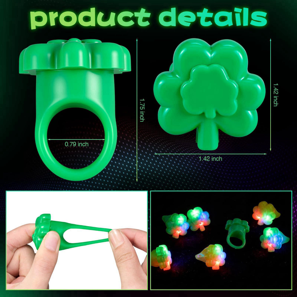 Vinsot 36 Pack St. Patrick's Day Shamrocks Clover Lucky LED Light up Ring Toy Party Favors Rings Glow in the Dark for Ki