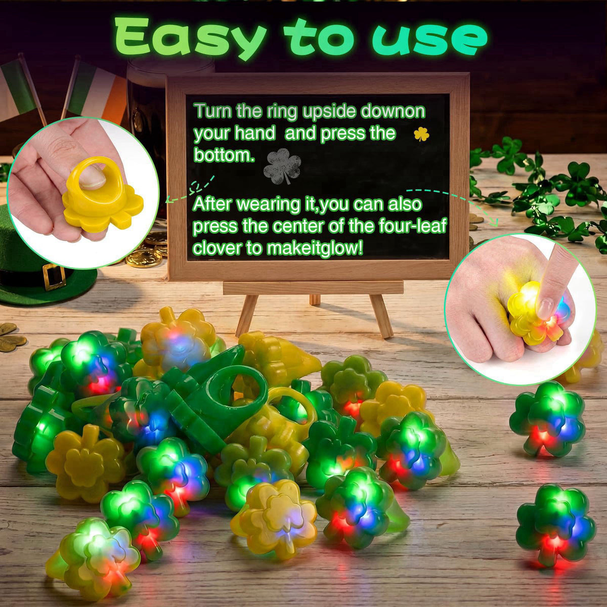Vinsot 36 Pack St. Patrick's Day Shamrocks Clover Lucky LED Light up Ring Toy Party Favors Rings Glow in the Dark for Ki