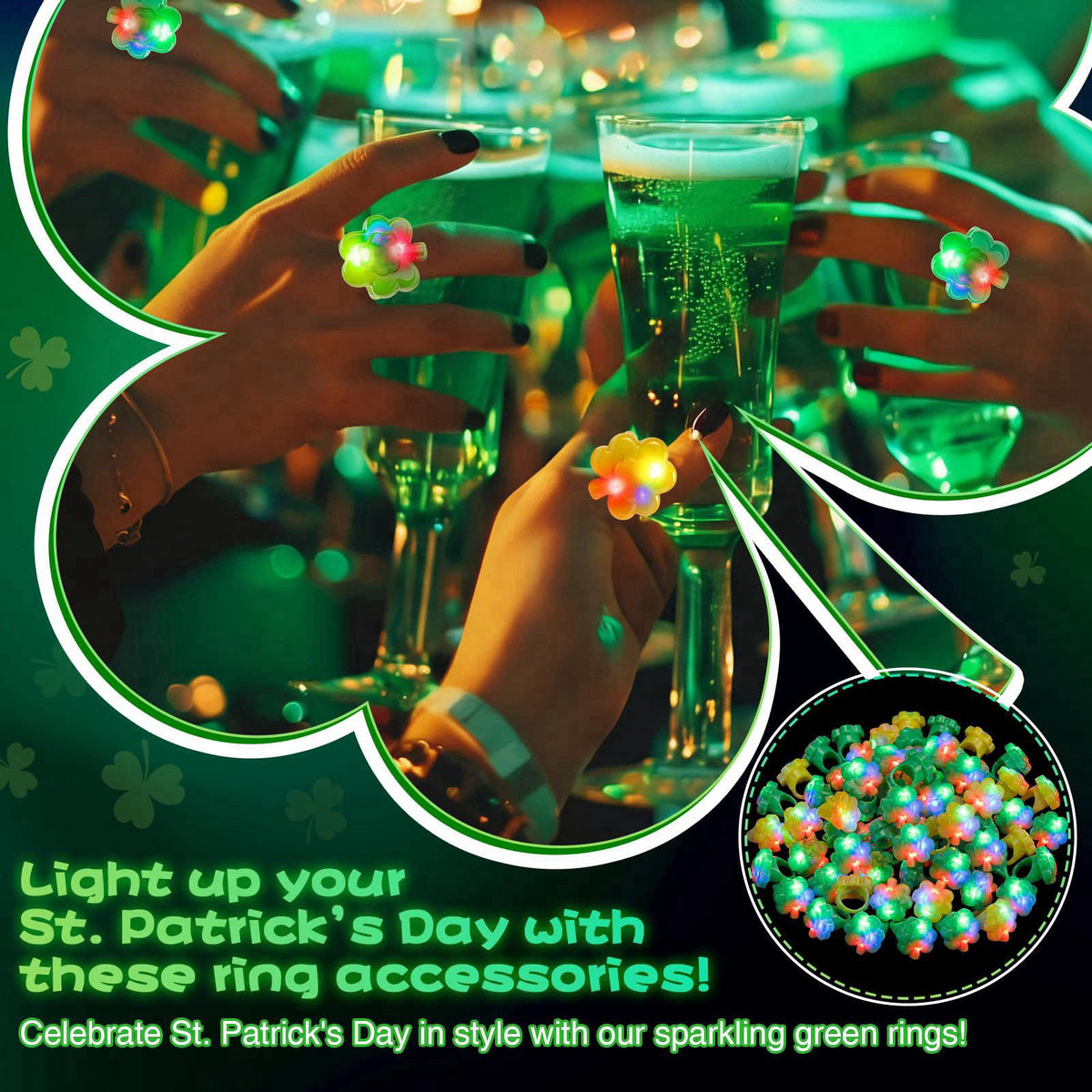 Vinsot 36 Pack St. Patrick's Day Shamrocks Clover Lucky LED Light up Ring Toy Party Favors Rings Glow in the Dark for Ki