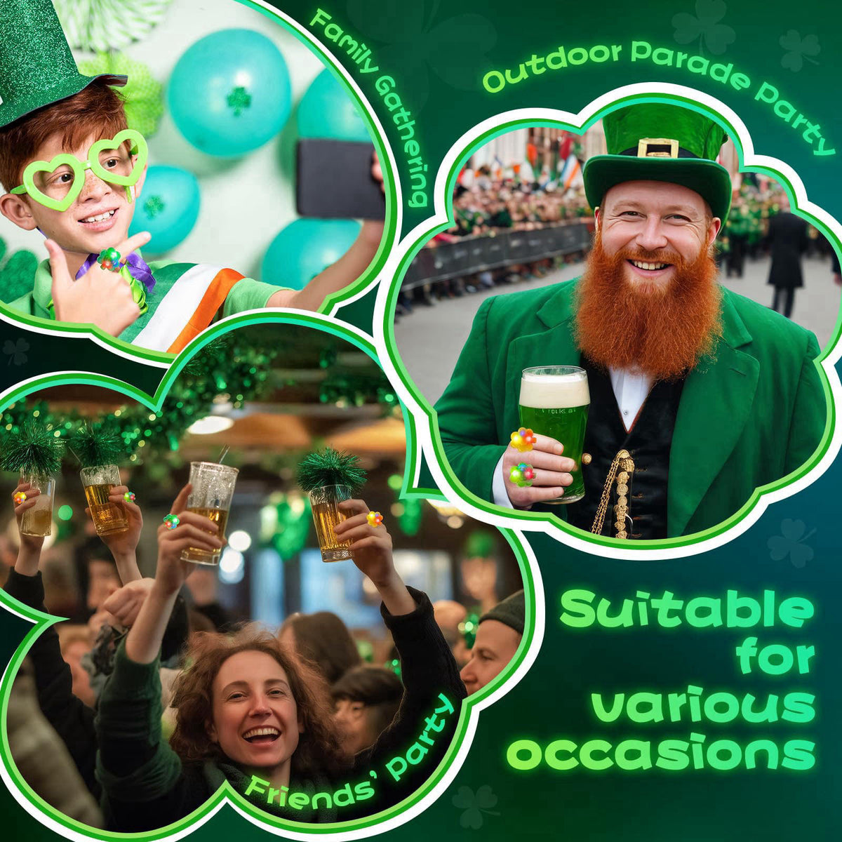 Vinsot 36 Pack St. Patrick's Day Shamrocks Clover Lucky LED Light up Ring Toy Party Favors Rings Glow in the Dark for Ki