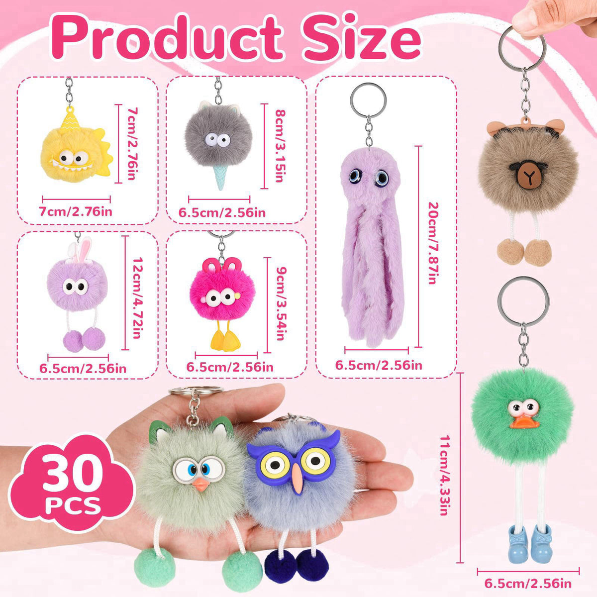 LiYiQ 30 Pcs Cute Plush Keychains Kawaii Keychain Bulk for Birthday Goodie Bags Pinata Toys Classroom Prizes Party Favor