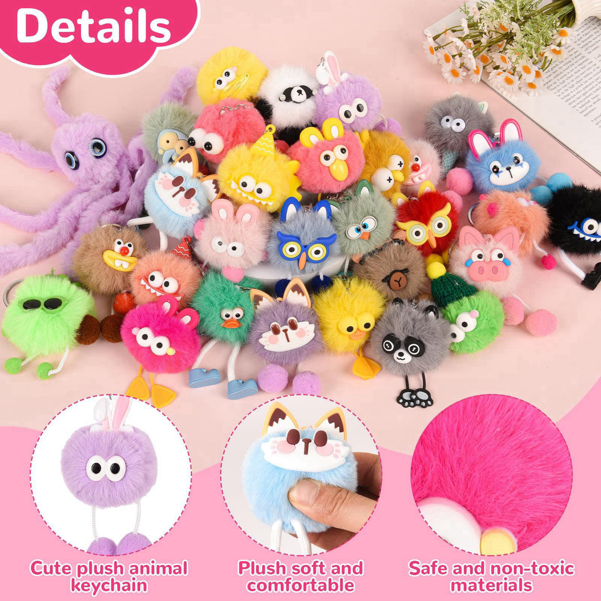 LiYiQ 30 Pcs Cute Plush Keychains Kawaii Keychain Bulk for Birthday Goodie Bags Pinata Toys Classroom Prizes Party Favor