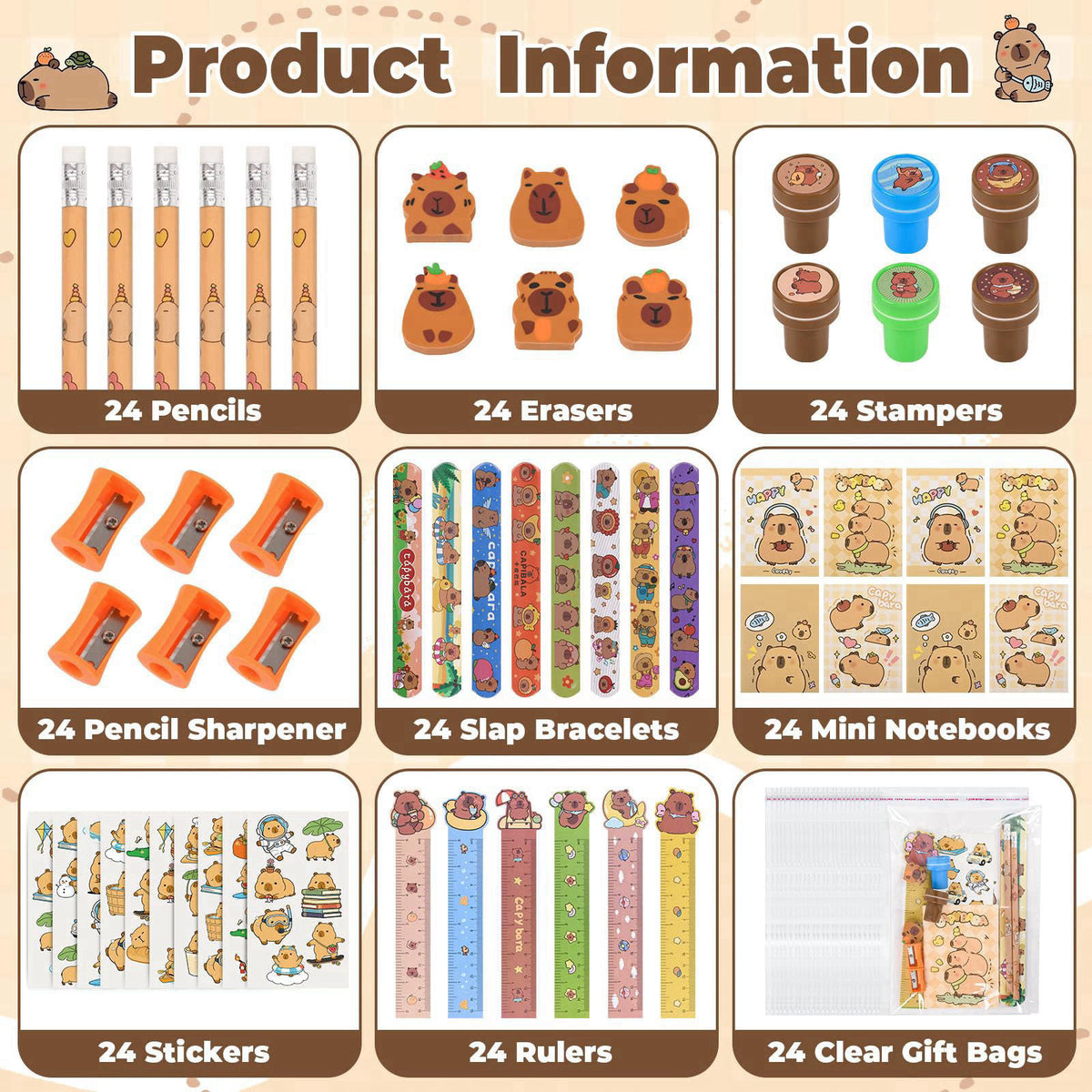 Ulema 216Pcs Cute Capybara Stationery Party Favors Supplies Stationery Set Back to School Gifts Capybara Themed Birthday