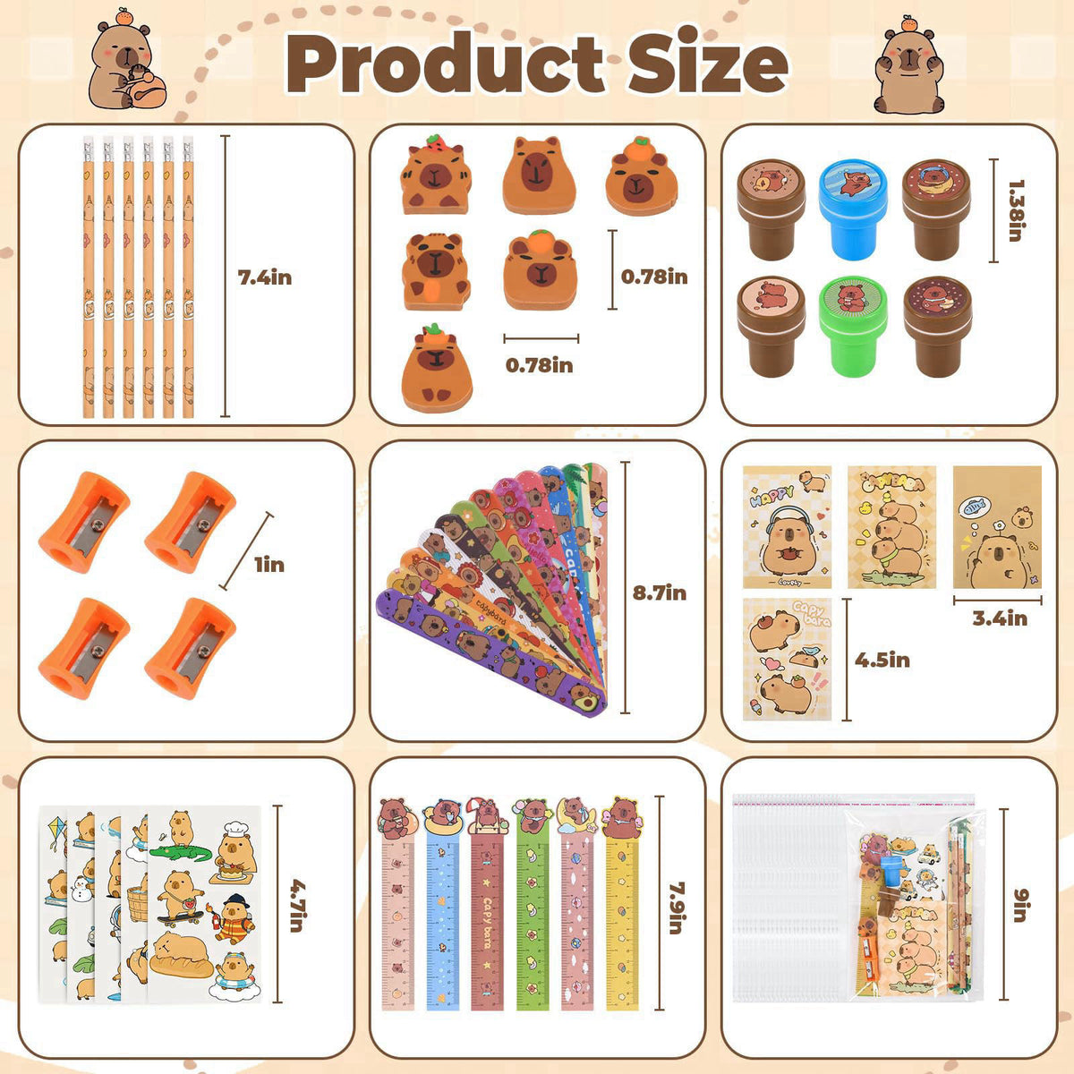 Ulema 216Pcs Cute Capybara Stationery Party Favors Supplies Stationery Set Back to School Gifts Capybara Themed Birthday