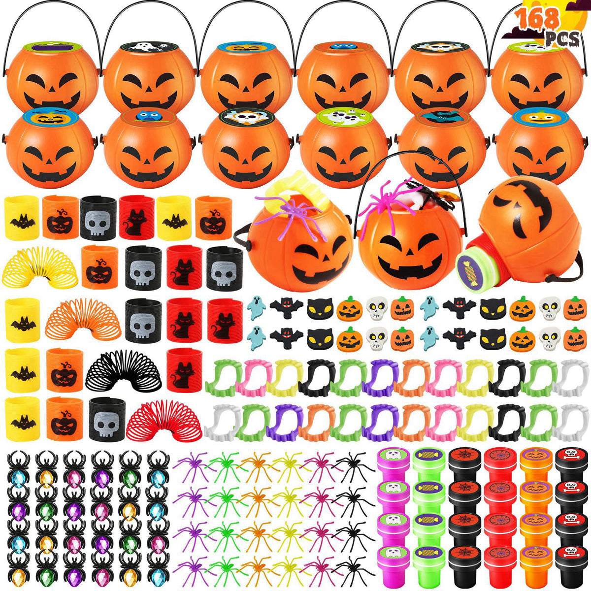 OCHIDO 168pcs Halloween Party Favors for Kids, Prefilled Pumpkins Halloween Toys