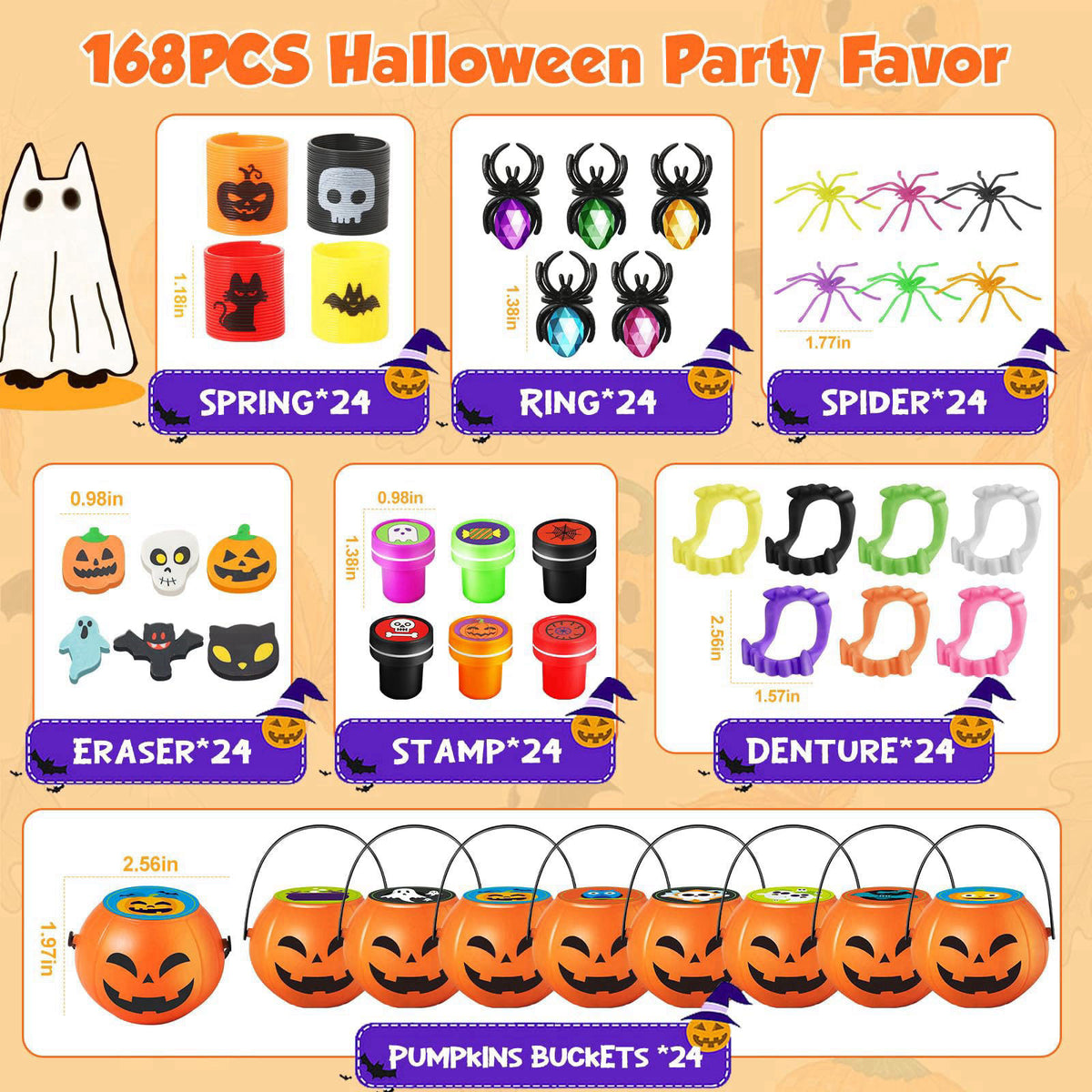 OCHIDO 168pcs Halloween Party Favors for Kids, Prefilled Pumpkins Halloween Toys – packaging and label