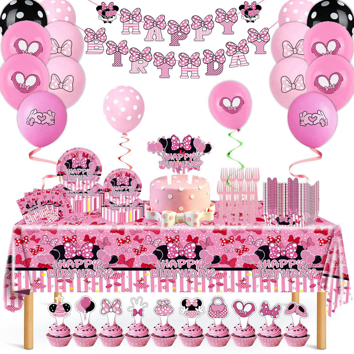 UKKJOM 133PCS Pink Birthday Party Supplies - Serves 20 Guests，Pink Mouse Birthday Decorations, Pink Plates and Napkins, 