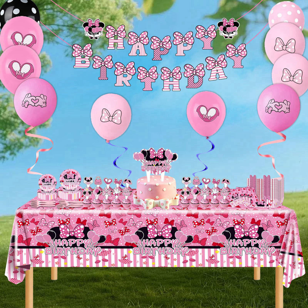 UKKJOM 133PCS Pink Birthday Party Supplies - Serves 20 Guests，Pink Mouse Birthday Decorations, Pink Plates and Napkins, 