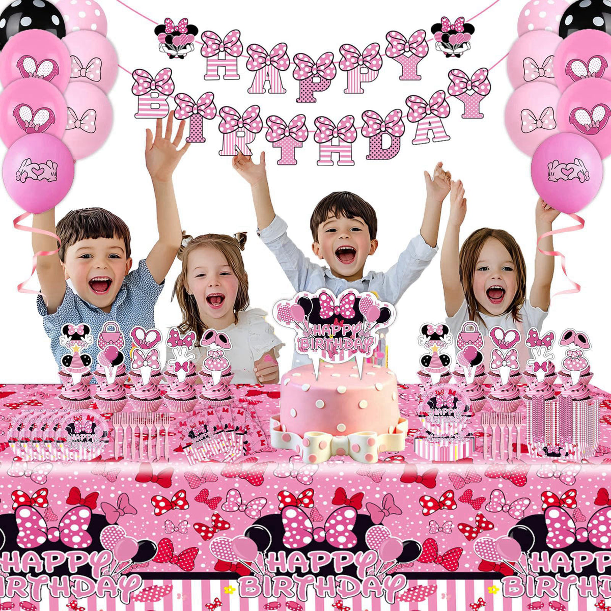UKKJOM 133PCS Pink Birthday Party Supplies - Serves 20 Guests，Pink Mouse Birthday Decorations, Pink Plates and Napkins, 
