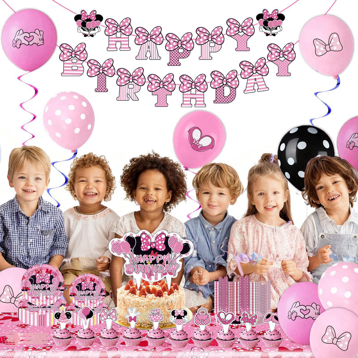 UKKJOM 133PCS Pink Birthday Party Supplies - Serves 20 Guests，Pink Mouse Birthday Decorations, Pink Plates and Napkins, 