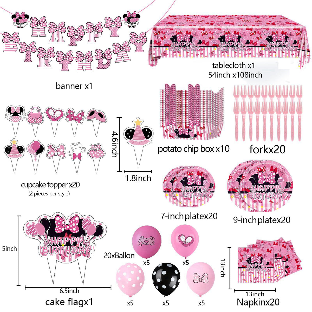 UKKJOM 133PCS Pink Birthday Party Supplies - Serves 20 Guests，Pink Mouse Birthday Decorations, Pink Plates and Napkins, 
