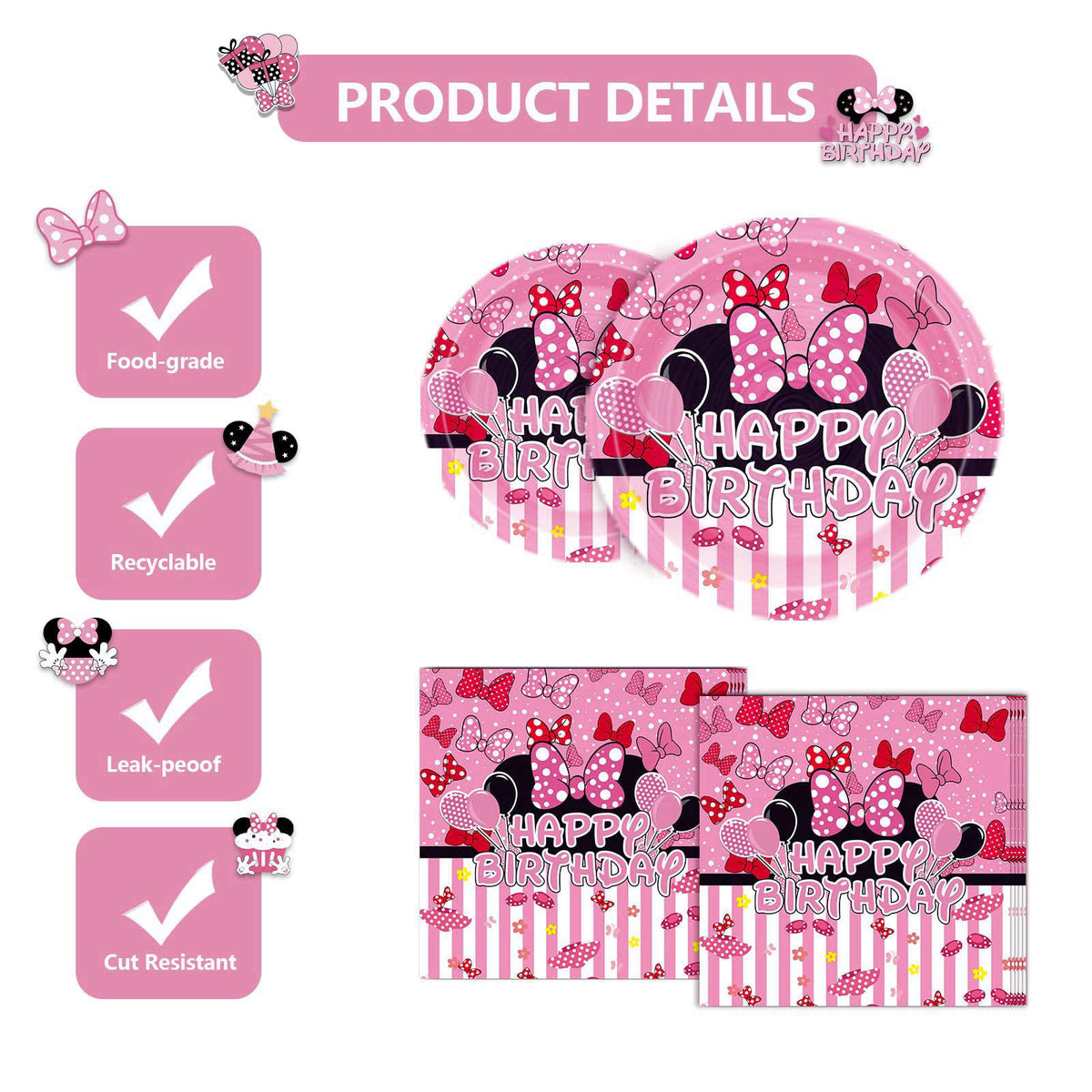 UKKJOM 133PCS Pink Birthday Party Supplies - Serves 20 Guests，Pink Mouse Birthday Decorations, Pink Plates and Napkins, 