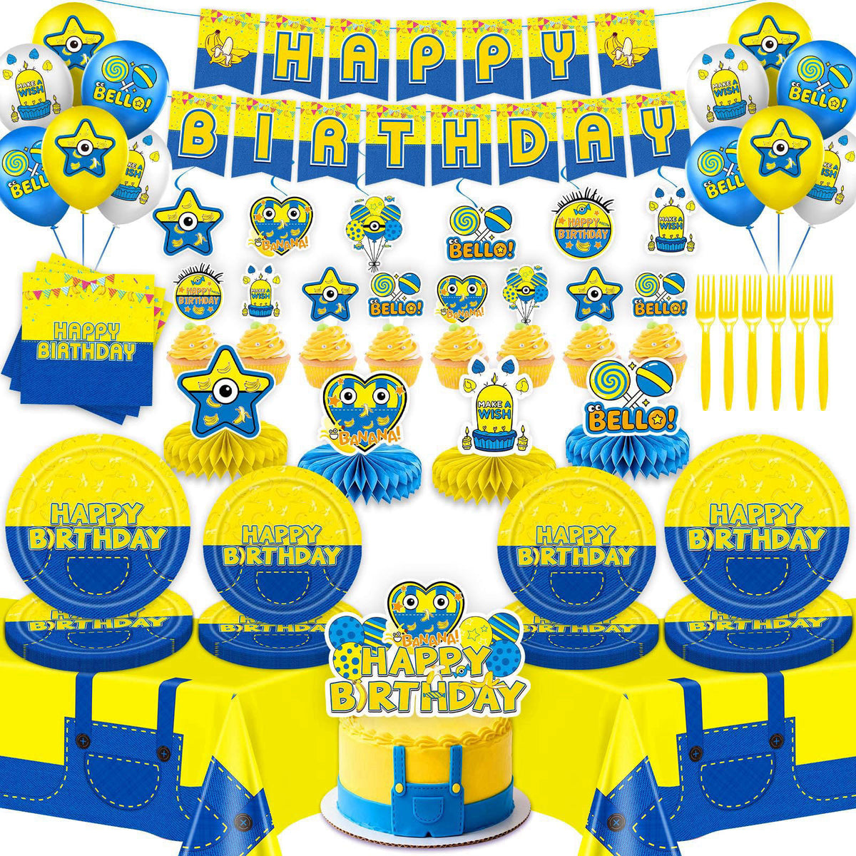 KZXAXHIU Cartoon Mini Jeans Birthday Party Decorations - Plates, Napkins, Cutlery, Honeycomb Centerpieces, Banner, Hangi