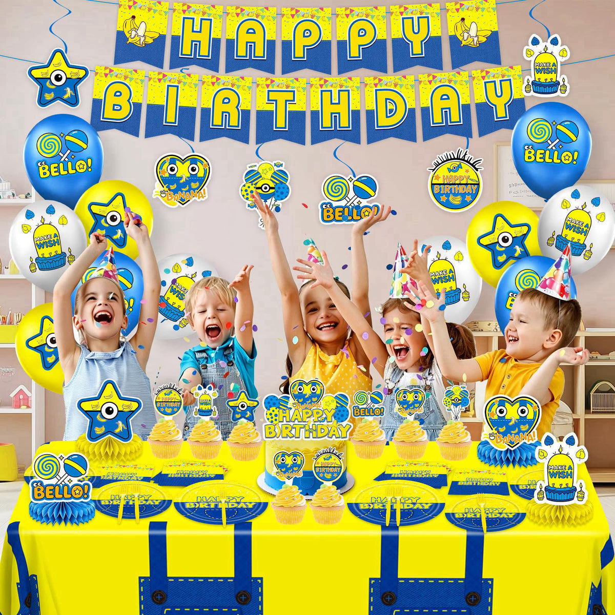 KZXAXHIU Cartoon Mini Jeans Birthday Party Decorations - Plates, Napkins, Cutlery, Honeycomb Centerpieces, Banner, Hangi