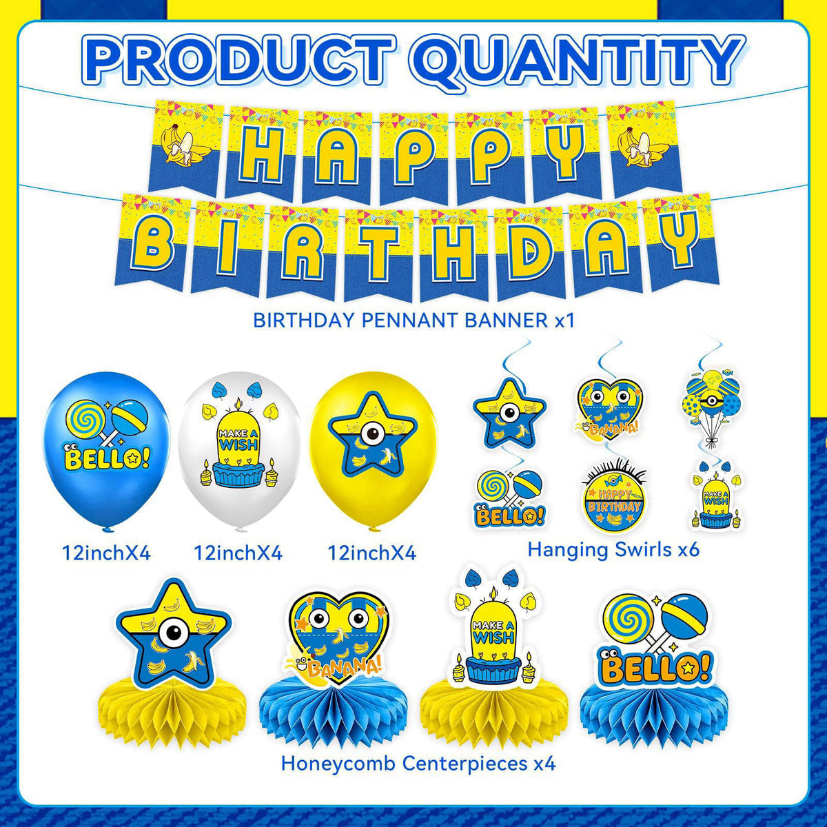 KZXAXHIU Cartoon Mini Jeans Birthday Party Decorations - Plates, Napkins, Cutlery, Honeycomb Centerpieces, Banner, Hangi