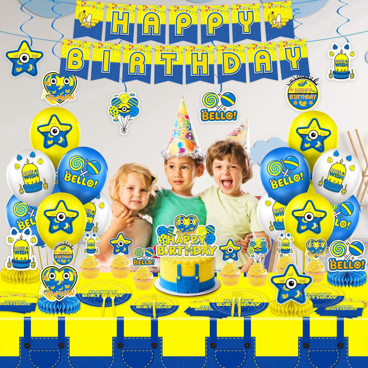 KZXAXHIU Cartoon Mini Jeans Birthday Party Decorations - Plates, Napkins, Cutlery, Honeycomb Centerpieces, Banner, Hangi
