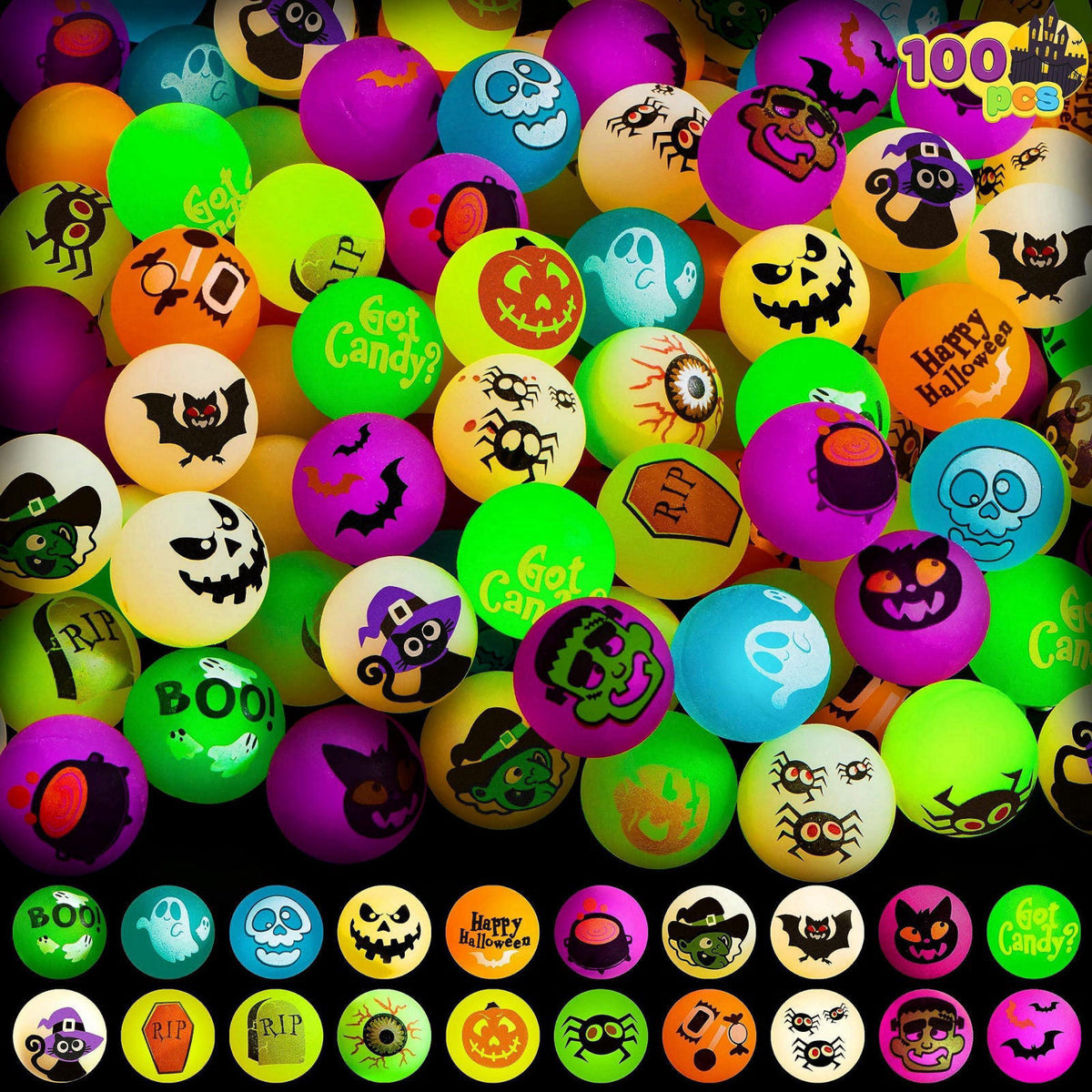 JOYIN 100 PCS Halloween Glow in The Dark Bouncing Balls, 20 Designs Halloween Theme Glowing Bouncy Balls for Halloween P