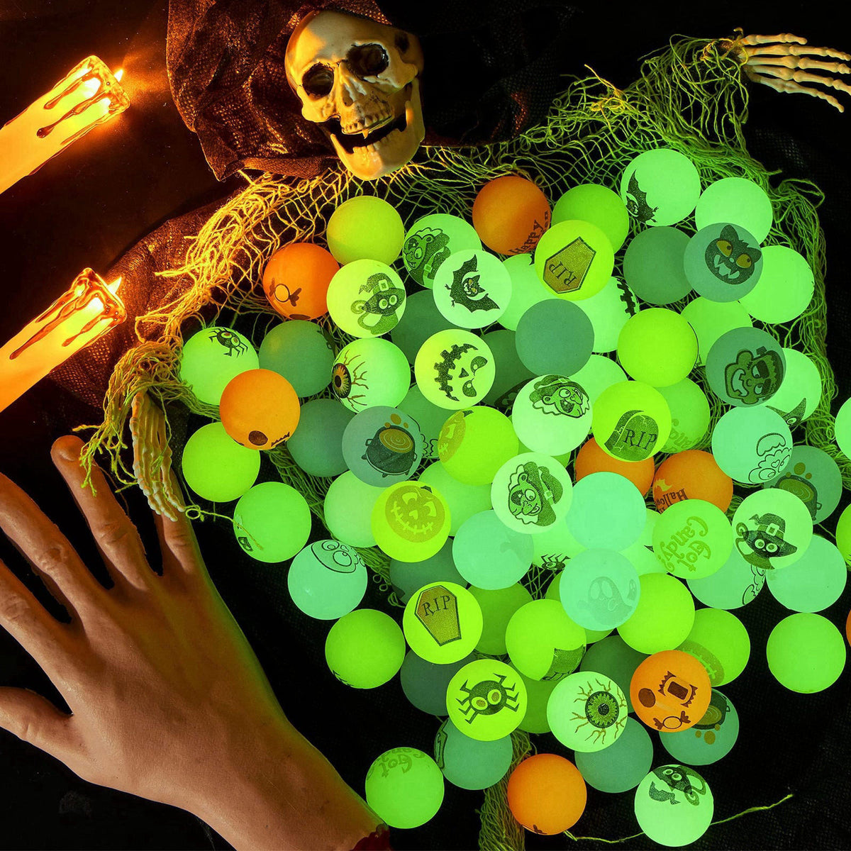 JOYIN 100 PCS Halloween Glow in The Dark Bouncing Balls, 20 Designs Halloween Theme Glowing Bouncy Balls for Halloween P