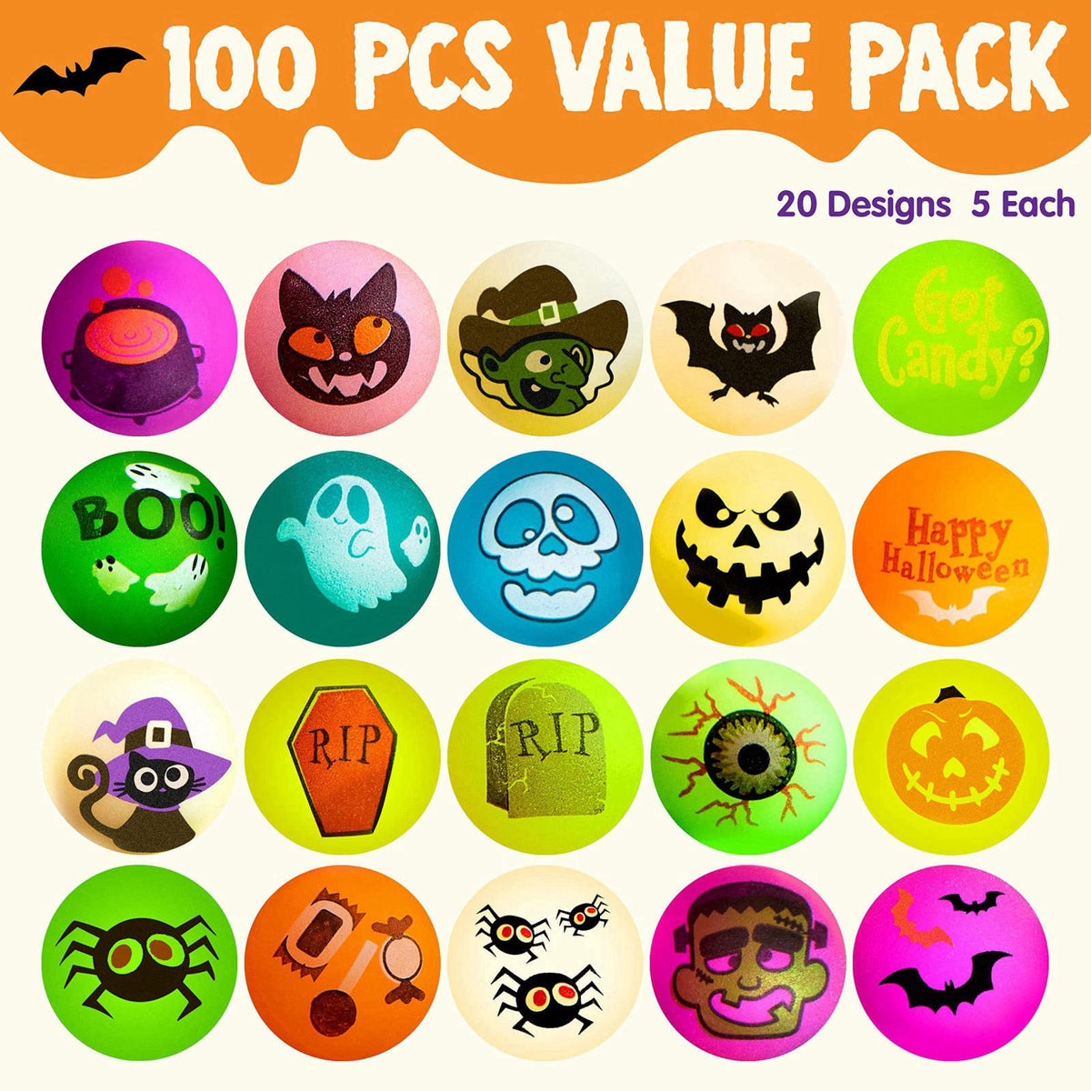 JOYIN 100 PCS Halloween Glow in The Dark Bouncing Balls, 20 Designs Halloween Theme Glowing Bouncy Balls for Halloween P