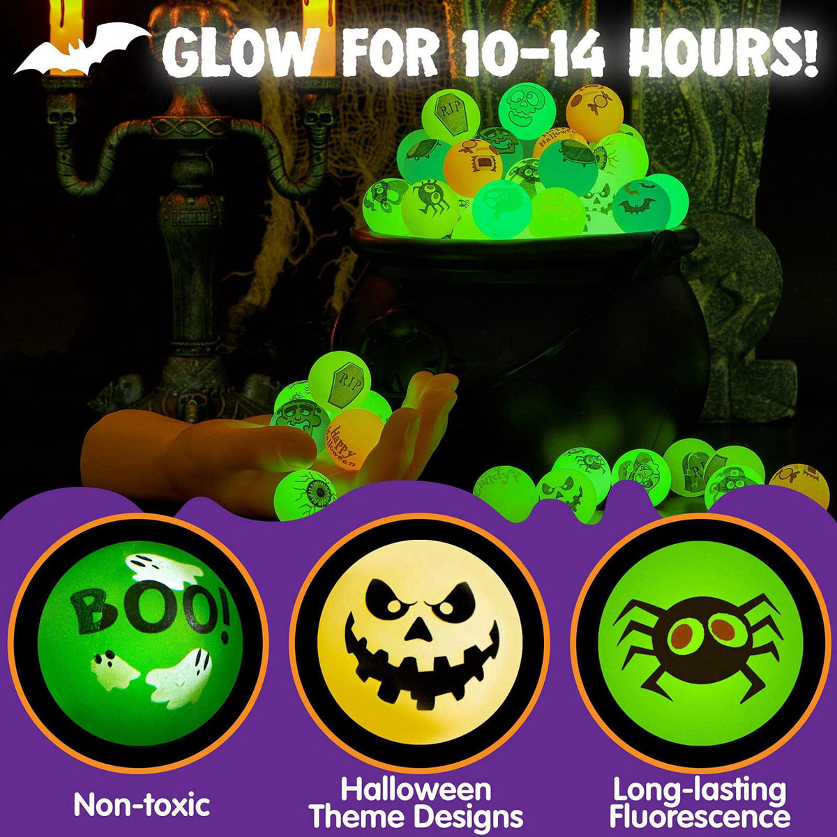 JOYIN 100 PCS Halloween Glow in The Dark Bouncing Balls, 20 Designs Halloween Theme Glowing Bouncy Balls for Halloween P