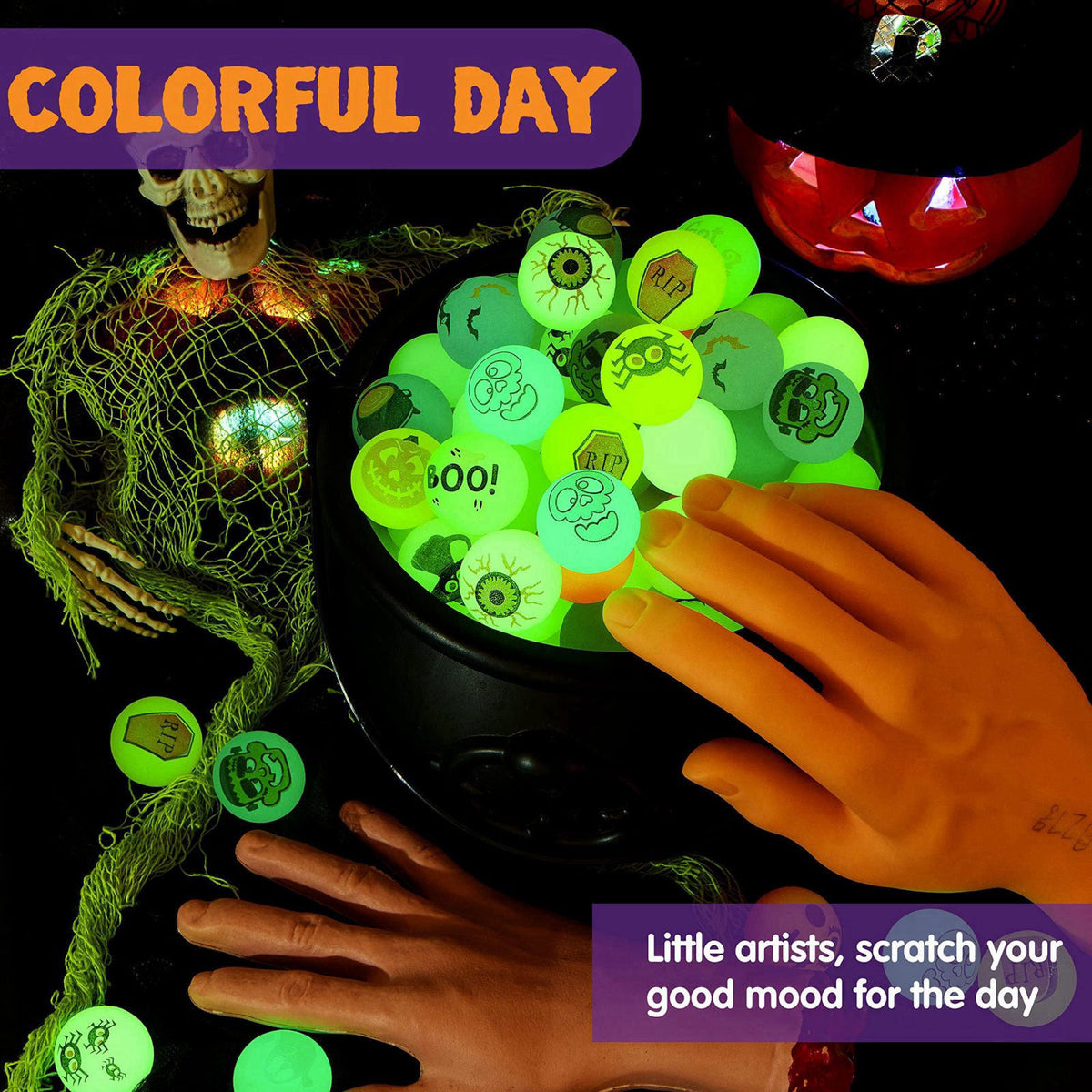 JOYIN 100 PCS Halloween Glow in The Dark Bouncing Balls, 20 Designs Halloween Theme Glowing Bouncy Balls for Halloween P